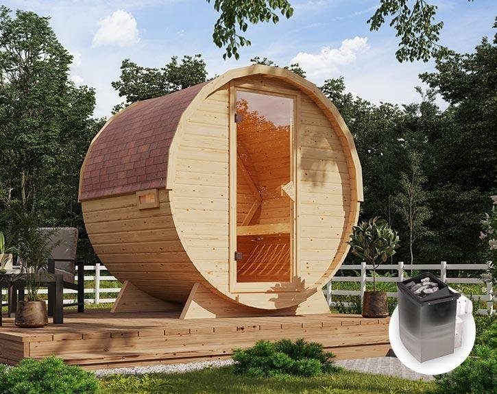 Sauna d’extérieur tonneau en bois massif pour 1 à 2 personnes 38mm 199x175x205cm KARIBU - Image 4