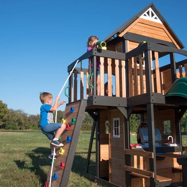 Backyard Discovery Canyon Creek Cedar Wood Playset Swing Set with Wave Slide Rock Climbing Wall and Lower Playhouse - Image 3