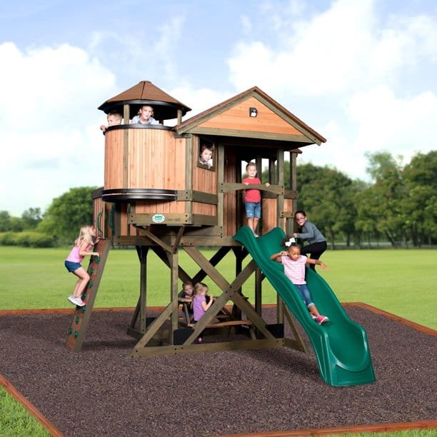 Backyard Discovery Eagles Nest Cedar Wooden Playhouse Playset with 7-Foot Crow's Nest Wave Slide and Rock Climbing Wall - Image 3