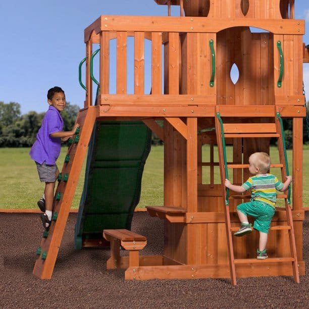 Backyard Discovery Monterey Cedar Wood Playset Swing Set with Double Story Clubhouse Wave Slide and Glider Swing - Image 3