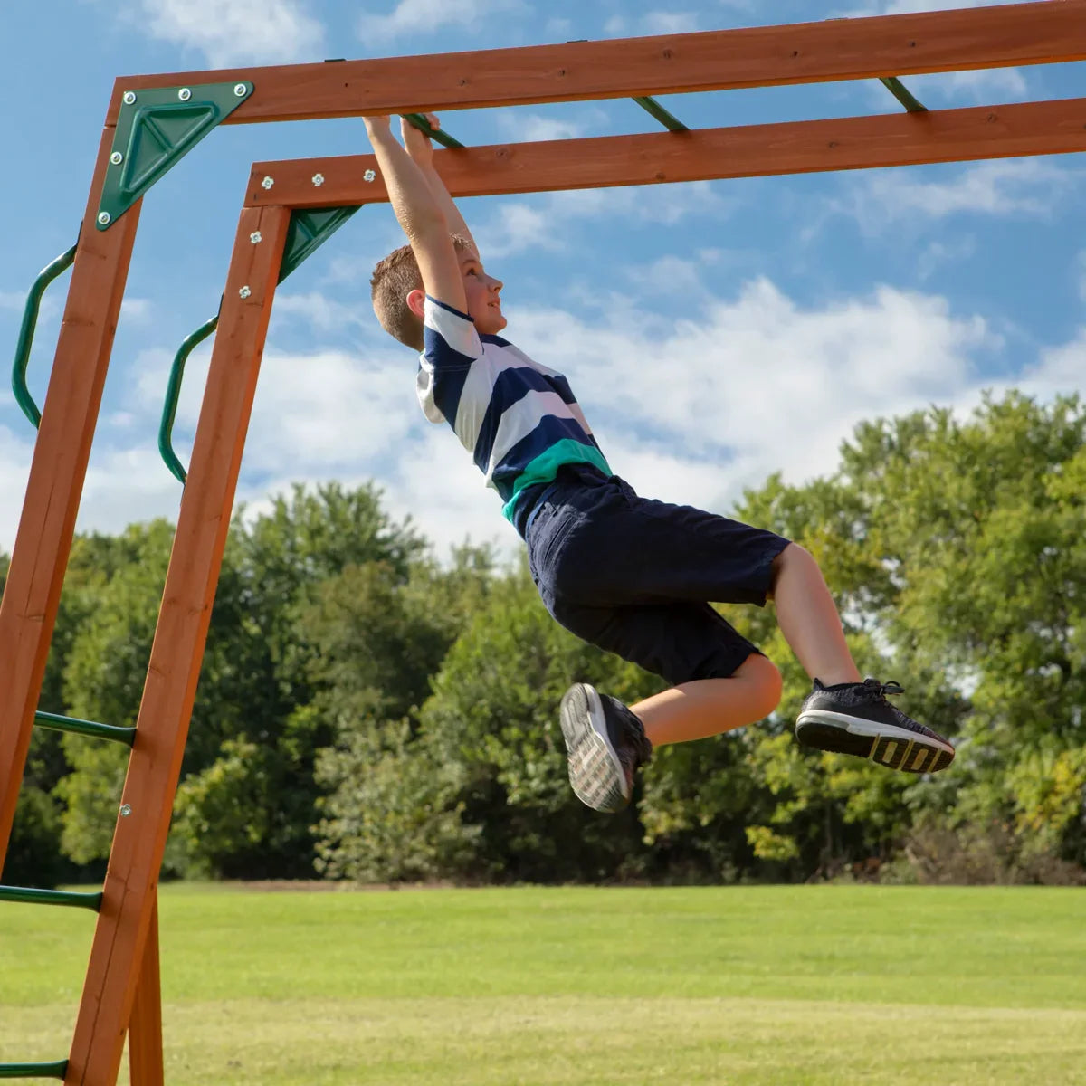Backyard Discovery Skyfort II Cedar Wood Playset Swing Set with Raised Clubhouse Wave Slide Monkey Bars and Rock Climbing Wall - Image 6