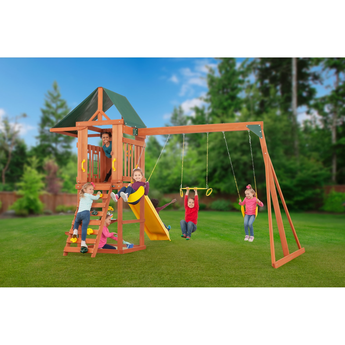 Creative Cedar Designs Cedar Cottage Wooden Swing Set with Slide and Picnic Table - Image 2
